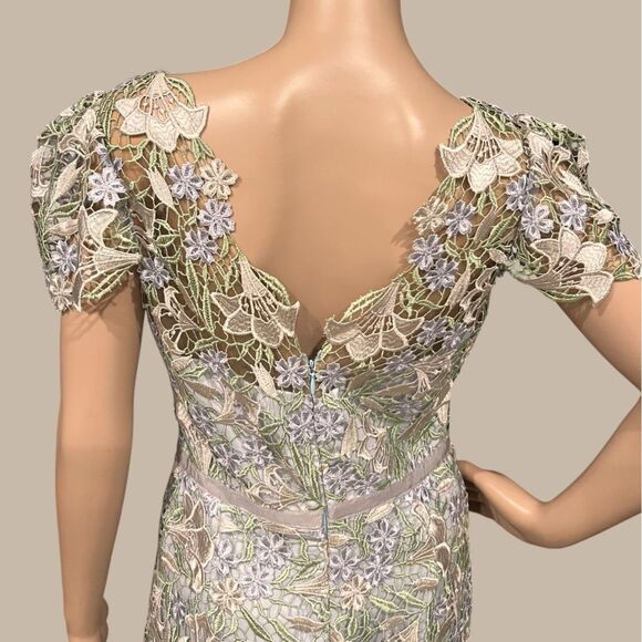 Marchesa Notte Ice Bell Bloom Sheath Crochet Overlay Dress Muted Blue Sz 8 - Picture 8 of 10